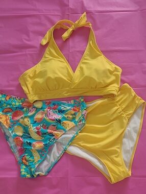 Bright Yellow Halter Swim Set - Women’s Triangle Top & Two High-Cut Bottoms